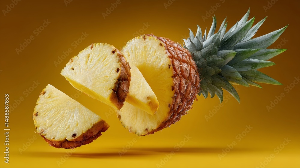 Poster close up of a pineapple with a slice missing. the pineapple is cut in half and the slice is missing