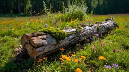Sunlit Mossy Log with Colorful Wildflowers in a Vibrant Green Meadow.
