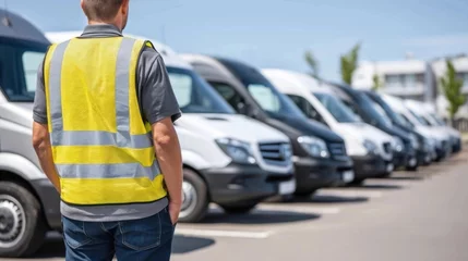 Fototapete Fahrzeug Man in safety vest looking at fleet of parked vans, logistics worker inspecting delivery vehicles.  © Moopingz