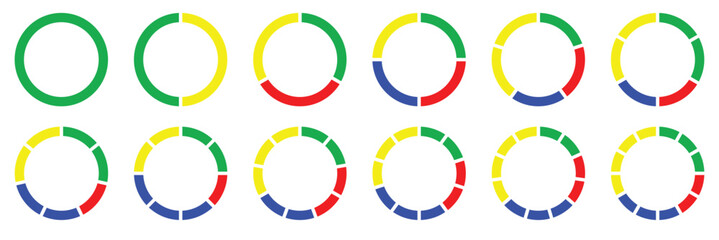  pie chart diagram. 1,2,3,4,5,6,7,8,9,10,11,12 sections or steps. Circle section graph. Colorful Pie chart set. Flat process cycle. Progress sectors. Circular chart. Vector infographic. Eps 10. 