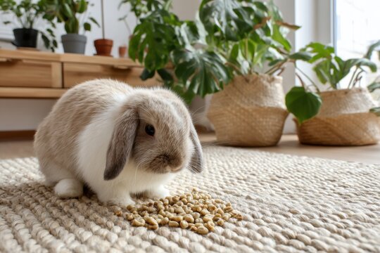A lop-eared rabbit eats food on a rug, in a room with houseplants, a cute pet enjoys a meal indoors.