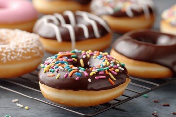 Assorted donuts with various toppings, colorful sprinkles, chocolate frosting, and icing, cooling on a wire rack.