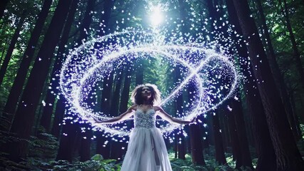 A magical forest scene with a woman in a white dress surrounded by glowing butterflies. Low-angle shot, creating a cinematic video effect. - Powered by Adobe