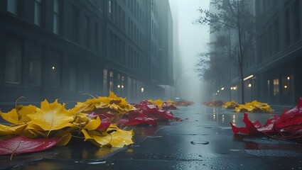 Misty City Street with Autumn Leaves on Wet Pavement