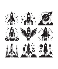 Rocket launching silhouette vector illustration isolated on a white background, Rocket icons set.