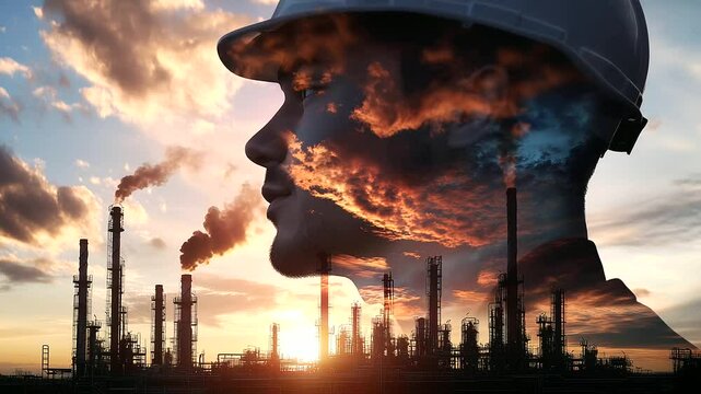 Composite double exposure of a refinery engineer with a confident gaze, wearing a white helmet, merged with massive oil pipelines, distillation columns, and smokestacks against a d