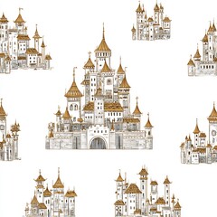 Obraz premium Grand castle with golden rooftops on white background