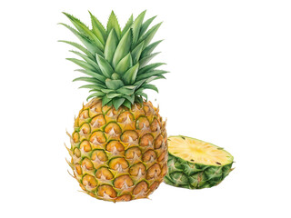 Vibrant pineapple resting next to a perfectly sliced half, showcasing its tropical allure and refreshing essence, ideal for summer treats and exotic desserts, beautifully rendered in digital art Gener