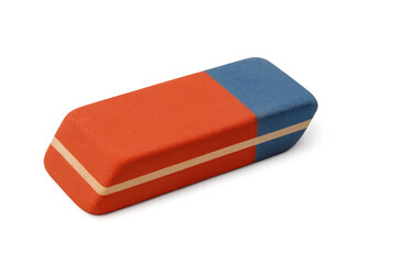 Red and blue school eraser eliminating writing errors, lying flat on clear surface with clean minimalist design