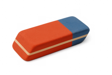 Red and blue school eraser eliminating writing errors, lying flat on clear surface with clean minimalist design