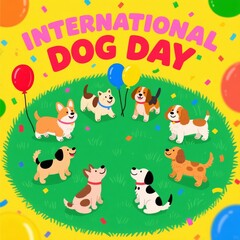 Celebrating International Dog Day with Joyful Pups in a Festive Park Fun Illustration Cheerful Atmosphere Vibrant Colors