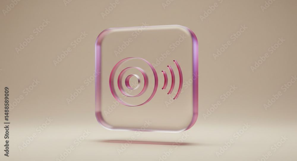 Poster a transparent square with a pink outline and signal icon on a beige background in a studio shot