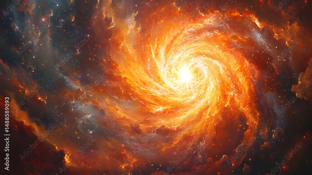Poster a breathtaking cosmic vortex swirls with bright orange and yellow light, surrounded by a nebula and 