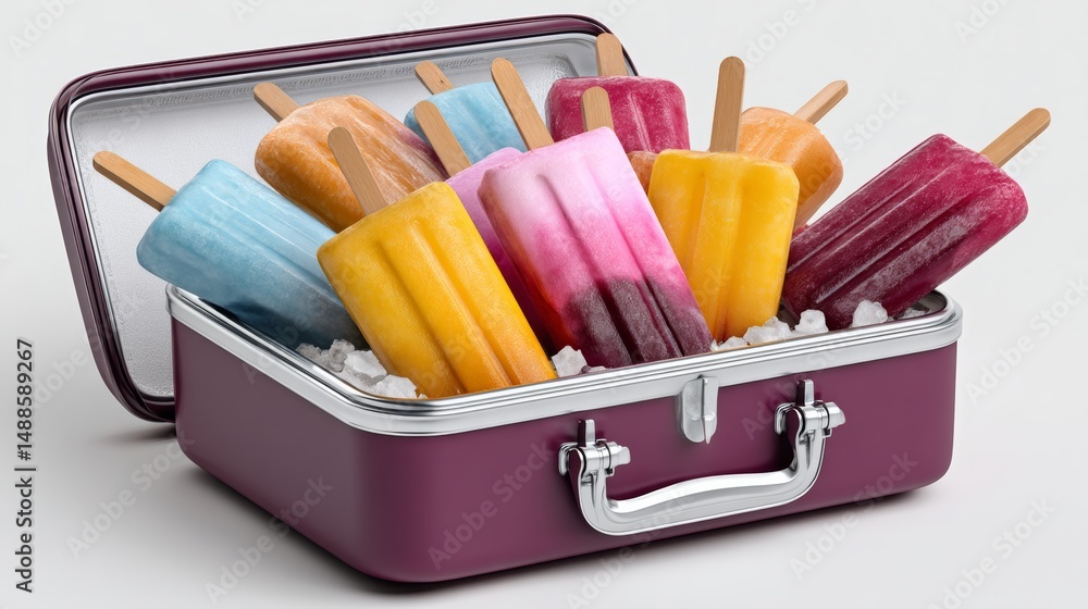 Poster purple suitcase is filled with a variety of colorful popsicles. the popsicles are arranged in a way 
