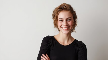 Obraz premium Happy Young Woman with Short Hair Smiling Against Plain Background
