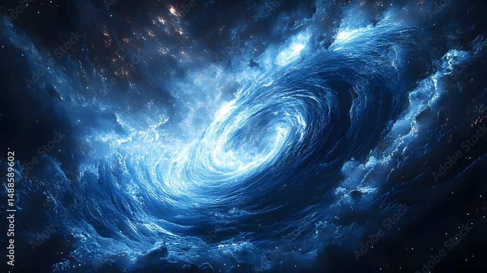 Poster a mesmerizing cosmic whirlpool of deep blue energy dominates space. luminescent center draws the eye