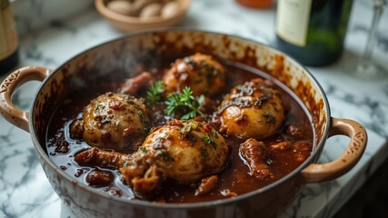 Gourmet Chicken Daube, Red Wine Braise on Marble