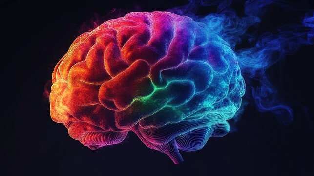 A colorful representation of a human brain with a gradient from red to blue