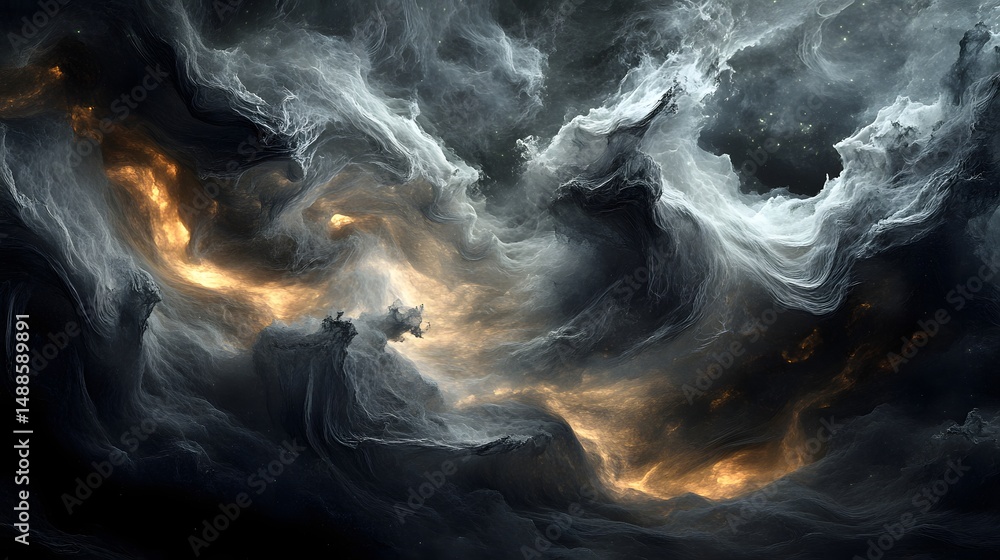 Poster ethereal clouds swirl in a dramatic display of light and shadow. orange and gold streaks illuminate 