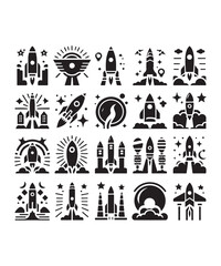Rocket launching silhouette vector illustration isolated on a white background, Rocket icons set.