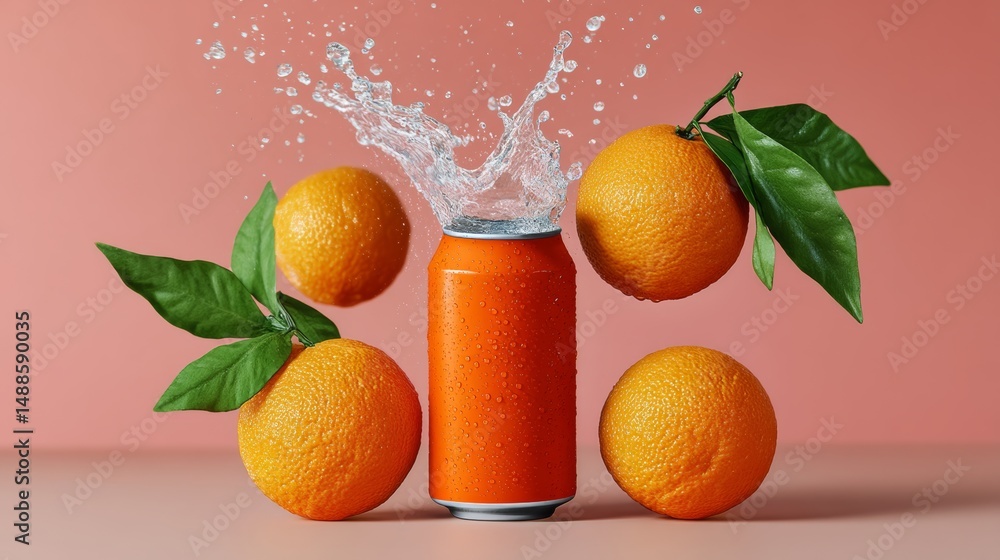 Aufkleber can of orange soda is surrounded by oranges and a leaf. the oranges are dripping water from the can,