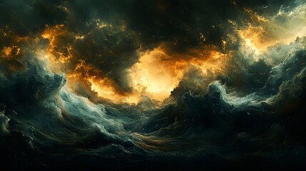 Fototapeta premium Turbulent waves clash with golden light in this dramatic abstract. Evoking energy and chaos, this striking image captures nature's raw power. Astronomy and Galaxy backgrounds