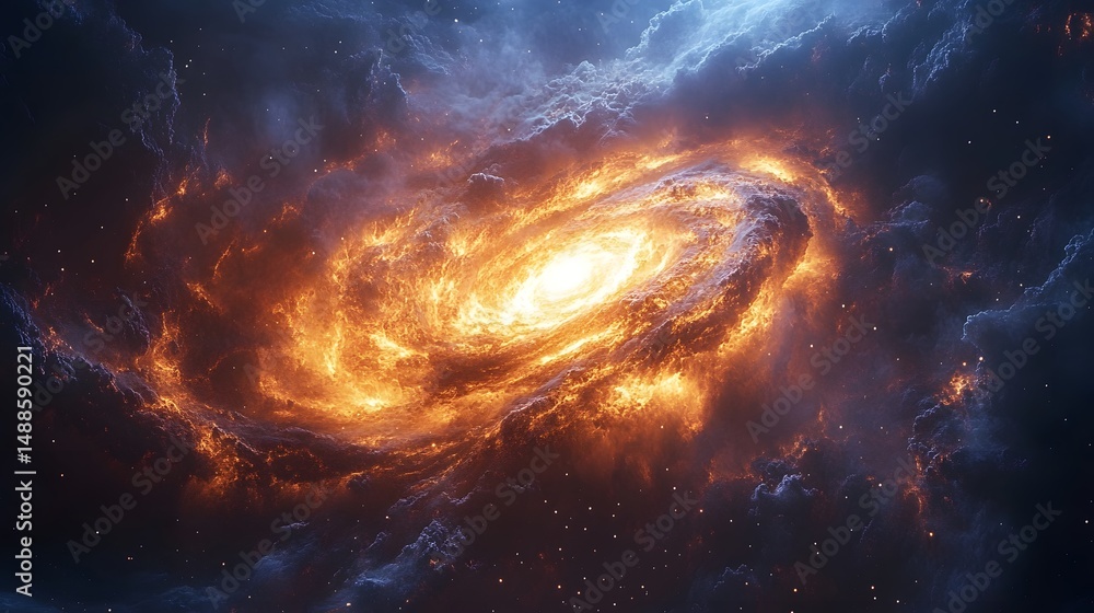 Poster a breathtaking spiral galaxy explodes with golden light from its core, swirling into orange and red 