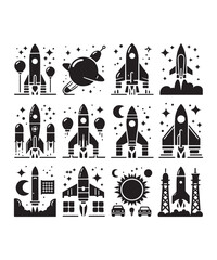 Rocket launching silhouette vector illustration isolated on a white background, Rocket icons set.