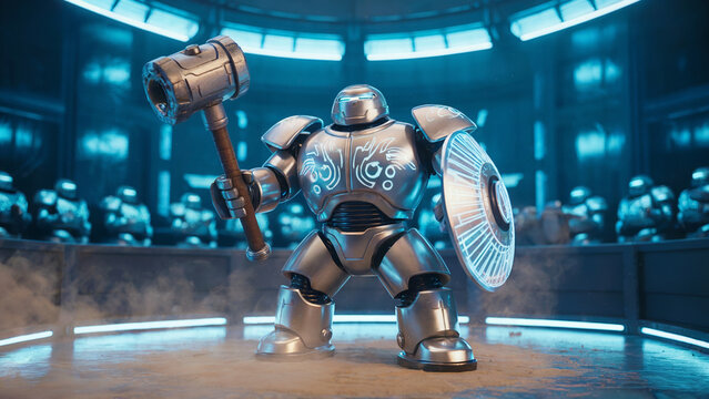 Futuristic combat robot walking through explosion, sci fi war machine, AI military technology concept, cinematic battlefield scene