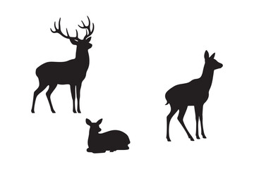 A cute cartoon set of black deer and reindeer silhouettes with antlers, horns, and wild nature illustrations