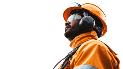 Obraz premium An American refinery worker in a fire-resistant suit, monitoring refinery equipment, isolated on a clean white background,