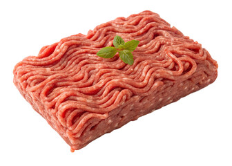 Freshly prepared ground meat on a clean white background with a hint of green herb adding a pop of color and freshness to the composition Generative AI