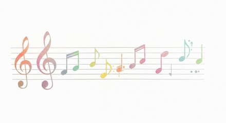 Colorful Musical Notes Staff Illustration - A vibrant illustration of a musical staff with colorful notes and treble clefs. Symbolizing melody, harmony, rhythm, creativity, and musical expression