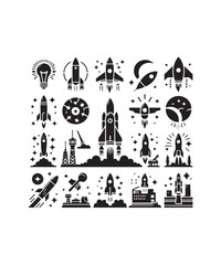 Rocket launching silhouette vector illustration isolated on a white background, Rocket icons set.
