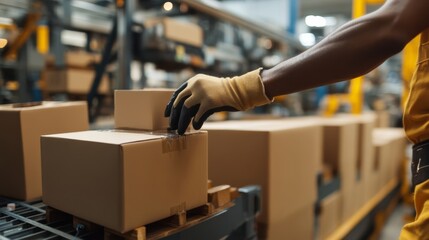 US assembly line worker packaging products efficiently, wearing gloves, isolated on white,