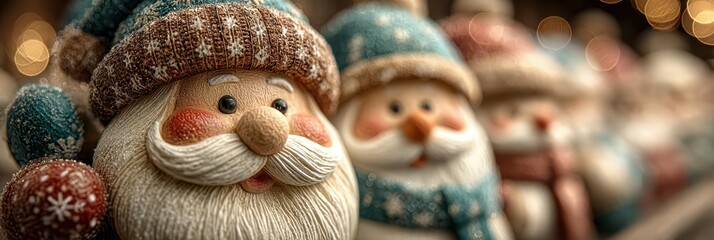 Festive decoration featuring charming Santa figures in winter attire during the holiday season