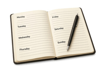 Blank weekly planner showing weekdays with ballpoint pen lying across lined pages, transparent backdrop