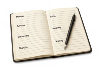 Blank weekly planner showing weekdays with ballpoint pen lying across lined pages, transparent backdrop