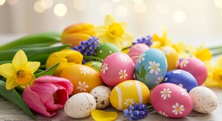 Easter Eggs and Spring Flowers - Colorful Easter eggs decorated with flowers nestled amongst spring tulips and daffodils. Perfect for Easter cards, websites, and spring celebrations