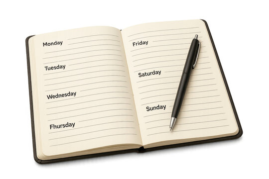 Blank weekly planner showing weekdays with ballpoint pen lying across lined pages, transparent backdrop - Powered by Adobe