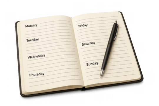 Blank weekly planner showing weekdays with ballpoint pen lying across lined pages, transparent backdrop
