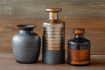 Three decorative vases with varying textures and tones.