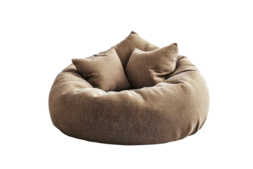 A cozy textured beanbag chair inviting relaxation and comfort with two soft cushions isolated on transparent background