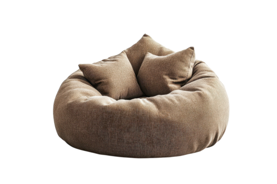 A cozy textured beanbag chair inviting relaxation and comfort with two soft cushions isolated on transparent background