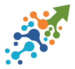 Abstract design featuring connected circles leading to an upward pointing green arrow shape