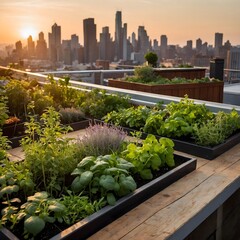 Fototapeta premium Urban Rooftop Herb Garden with City Skyline View at Sunset - Sustainable City Living and Green Space