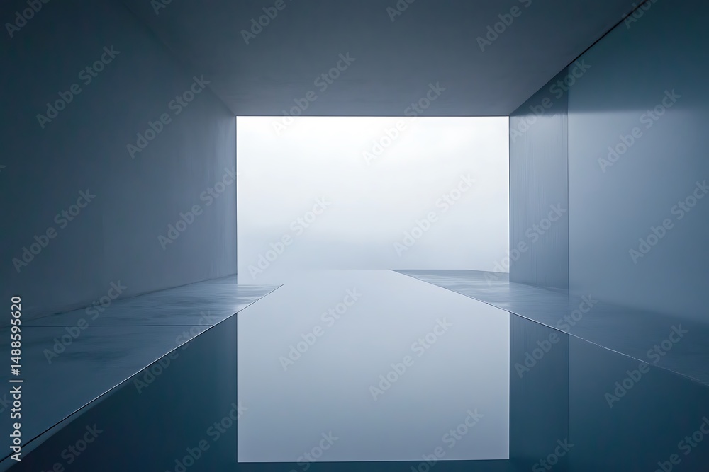 Aufkleber clean architecture hallway with reflective surfaces and foggy exit view aesthetic