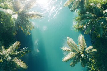 Naklejka premium Serene tropical island oasis with palm tree tranquil waters 3d render minimalist aerial view