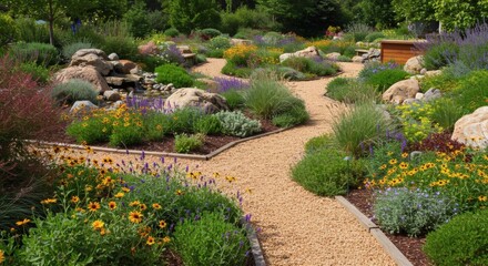 Naklejka premium Serene Garden Path: A Picturesque Landscape Design