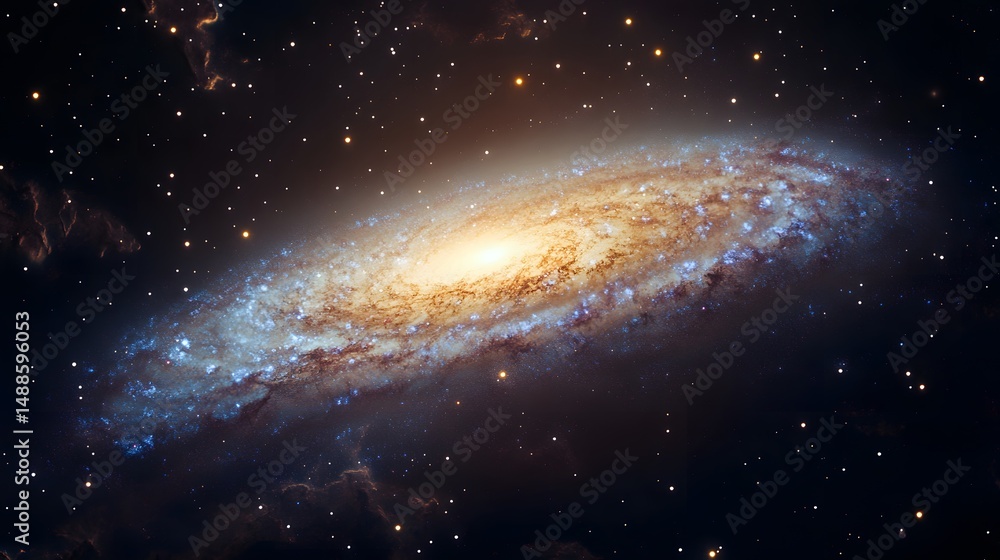 Aufkleber a stunning spiral galaxy with golden and bluish arms swirling from a bright core, set against a back